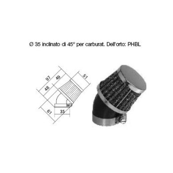 Filtre à Air Cornet Interieur : Ø35mm Longueur: 97mm Coudé